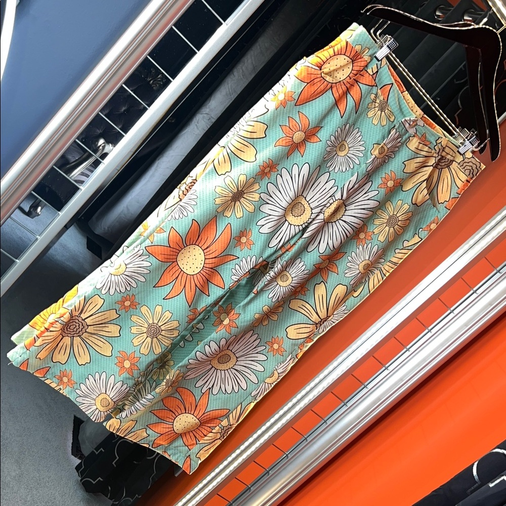 Boutique Luxe Sunflower & Lily Flare Pants | Teal Boho Statement